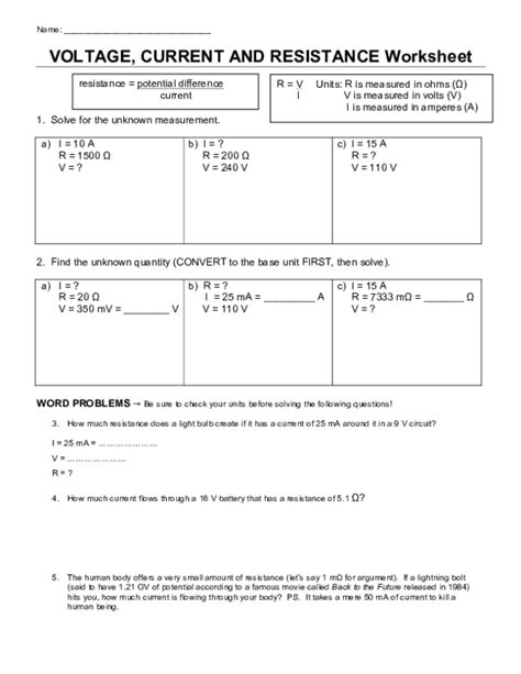 voltage current and resistance worksheet answer